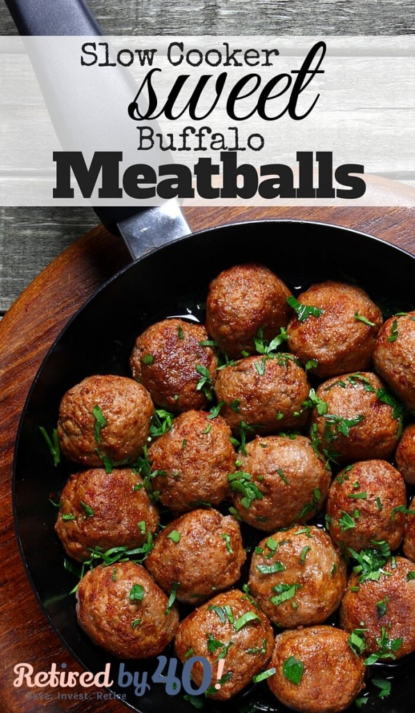 Slow Cooker Sweet Buffalo Meatballs are s sweet and spicy crockpot meatball recipe that takes about 3 minutes to throw together - and is a guaranteed crowd-pleaser!