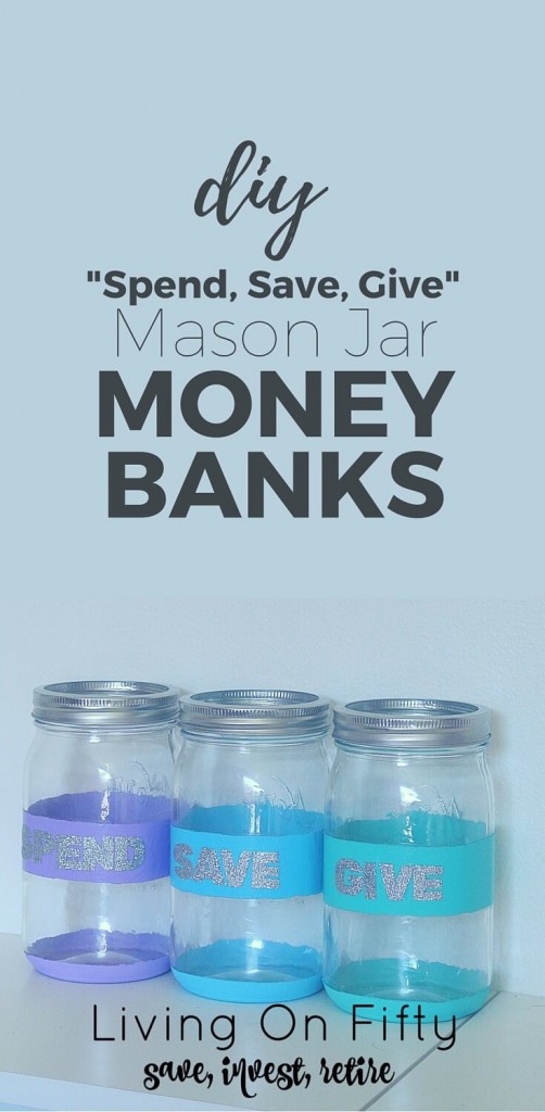 Don't spend a fortune on spend, save, give piggy banks to teach your kids about money,.  Instead, make your own dave ramsey piggy banks with mason jars!